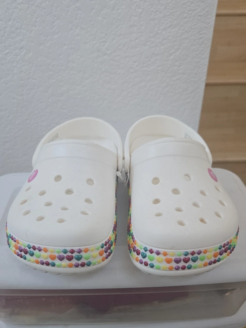 CROCS Kids White Clog with Rainbow Heart Accents